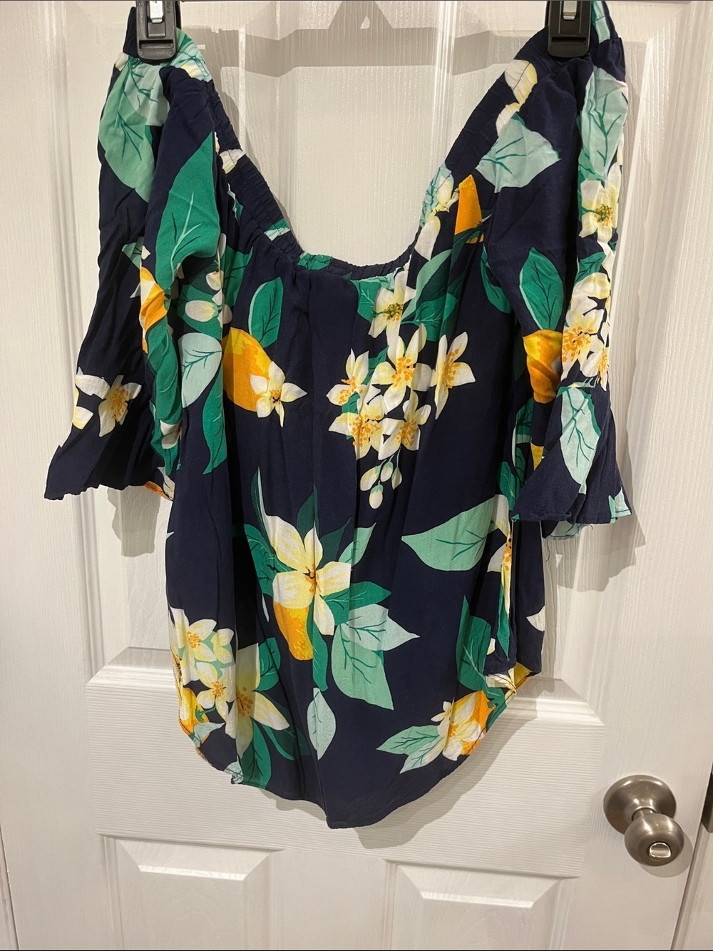 Old Navy Navy Floral Off-Shoulder Blouse with Yellow Accents
